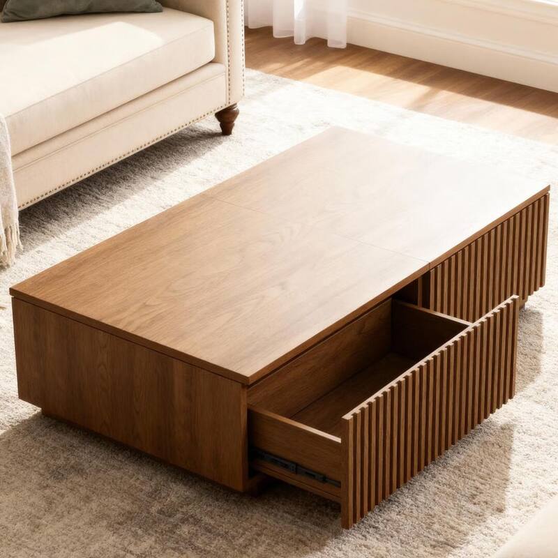 51.1'' Modern Lift-Top Coffee Table with Hidden Storage & Sliding Drawers, Satin Walnut Finish, Rectangular Center Table