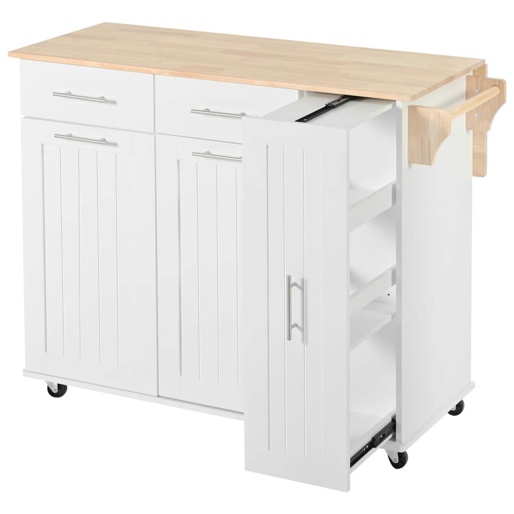 Rubber Wood Top Rolling Kitchen Cart with Barn Door Storage and Towel Rack Adjustable Shelves - 43.3”L x 17.7”W x 37”H