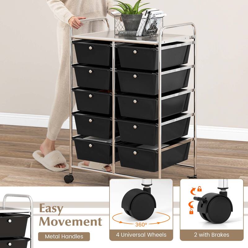 Costway 10-Drawer Storage Cart Utility Rolling Trolley Kitchen Office
