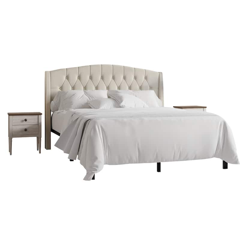 CraftPorch 3 Piece Bedroom Nightstands Set Classic Button Tufted Bed