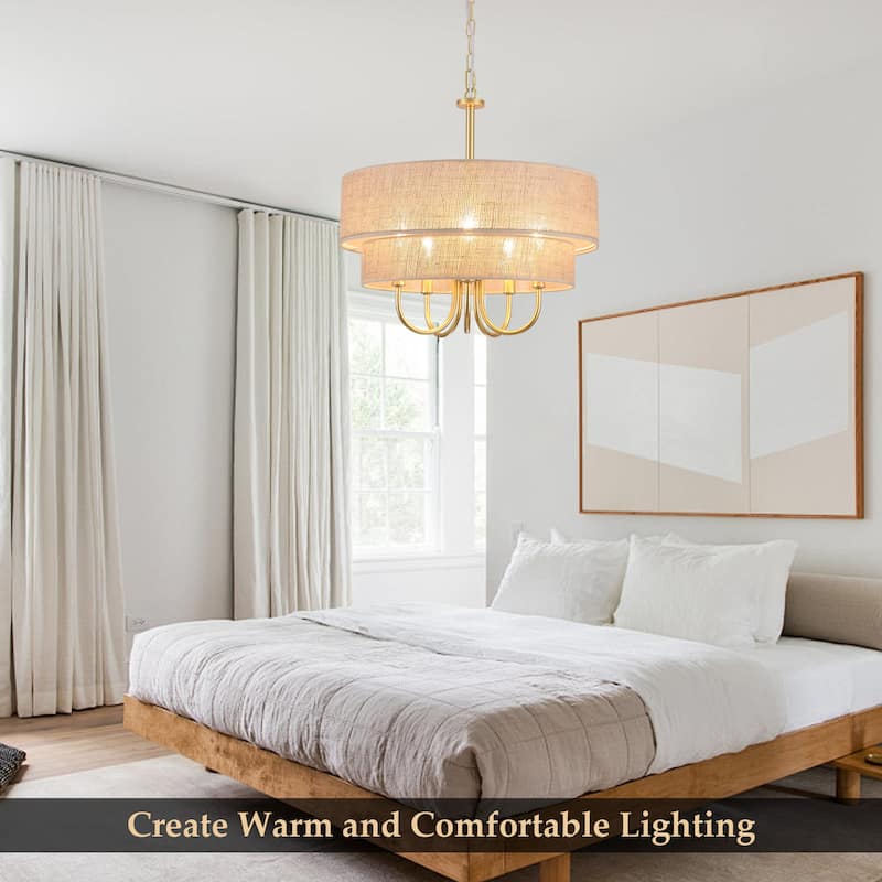 18.1-in 5-Light Farmhouse Rattan Pendant Light with 2-Tier Hand-Woven Drum Shade for multiple rooms