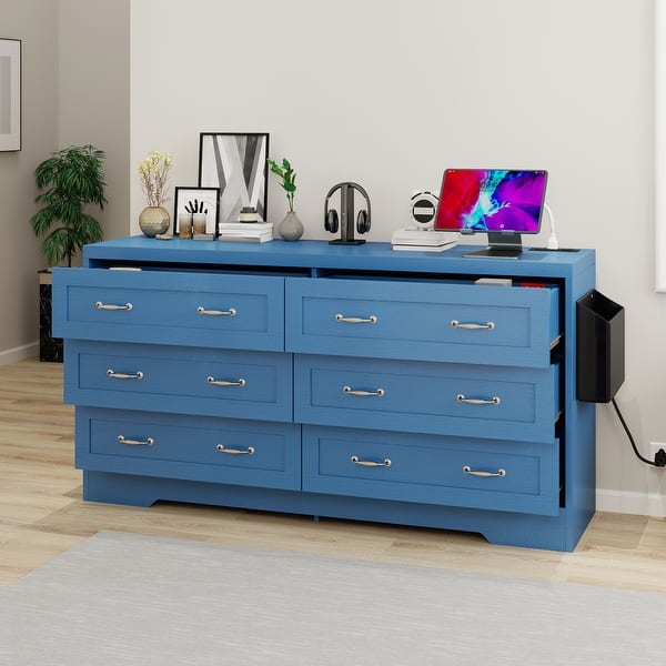 Vintage 6 Drawers Double Dresser Chest of Drawers with Charging Station -  Bed Bath & Beyond - 41145195