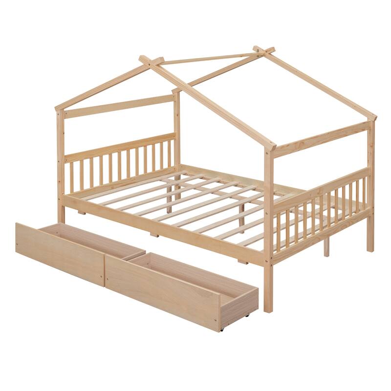 Full Size Wooden House Bed with 2 Drawers, Pinewood Frame, Kids Daybed, No Box Spring Needed