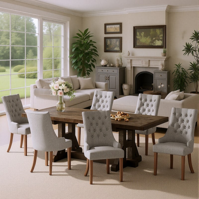 Wingback Upholstered Dining Chairs, Fabric Side with Tufted Button - Set of 6 - LightGrey