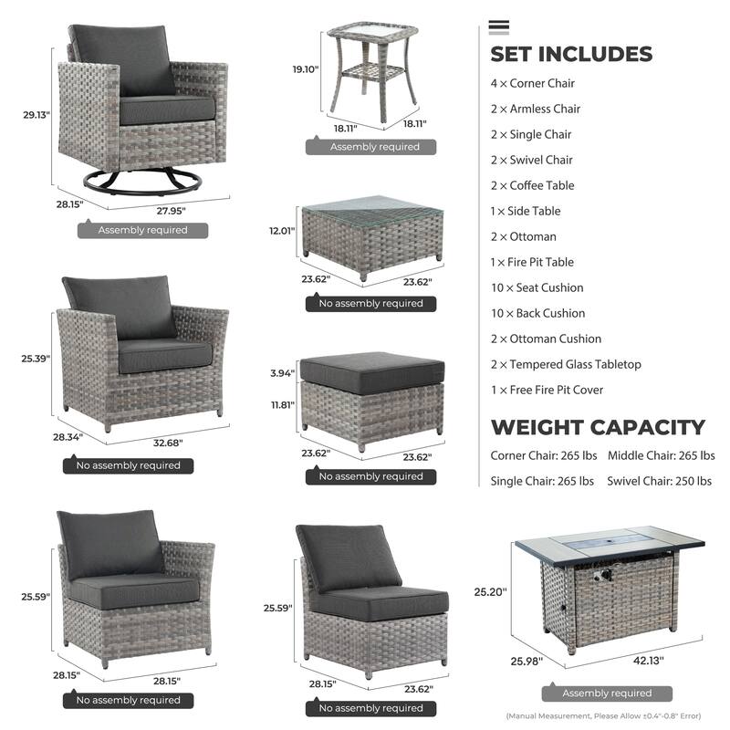 HOOOWOOO 16-piece Grey Rattan Outdoor Furniture Sectional Sofa Set Fire Pit Set with Swivel Chairs