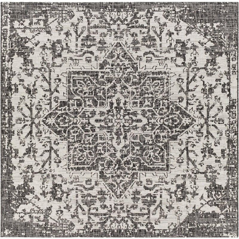 Livabliss Eagean Updated Traditional Medallion Indoor / OutdoorArea Rug - 6'7" x 6'7" Square - Black