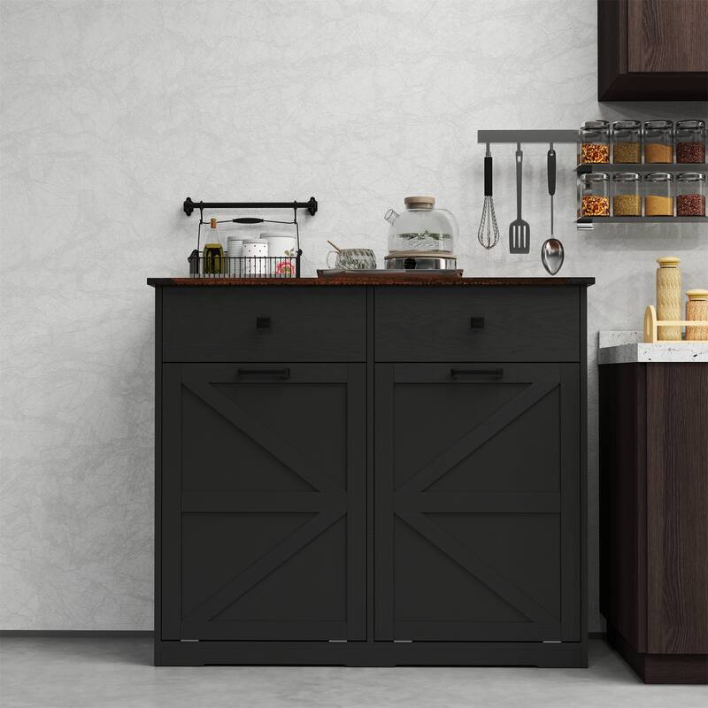Farmhouse Trash & Recycling Cabinet with Hideaway Drawer - Black