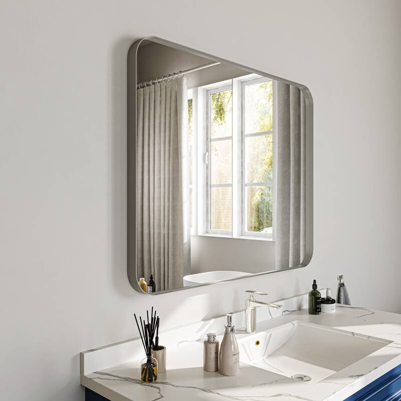 Stylish Rounded Aluminum Framed Bathroom Mirror – Full Length Wall Accent Mirror for Elegant Home Decor