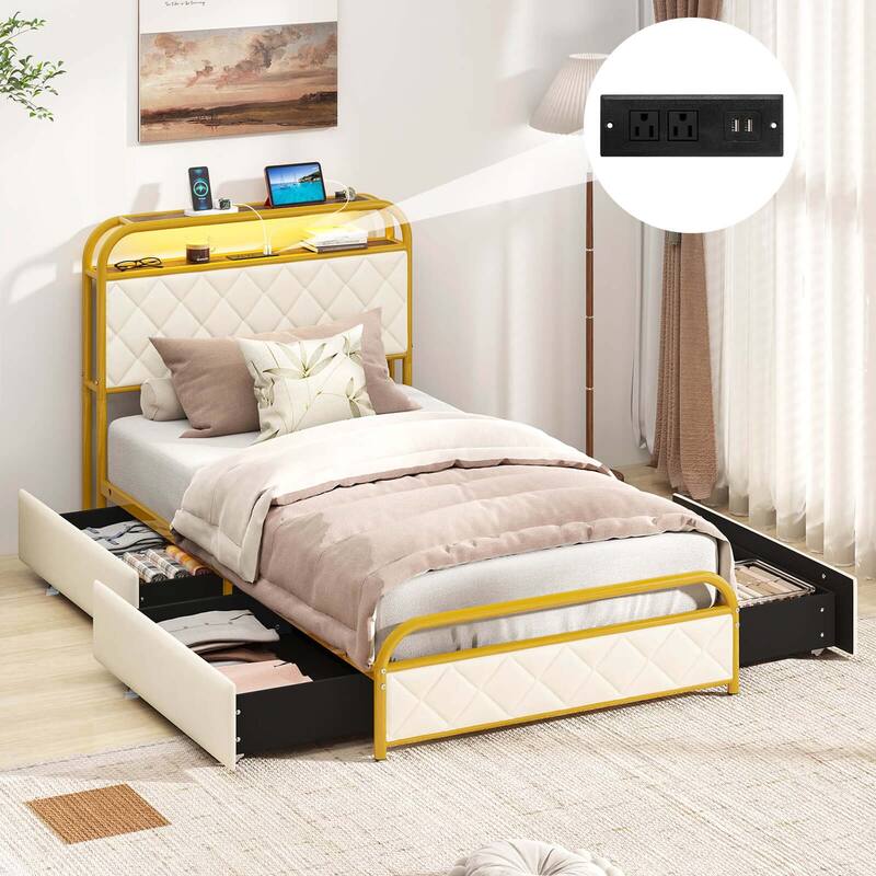 Costway Twin/Full/Queen Size Bed Frame with LED Lights & Charging