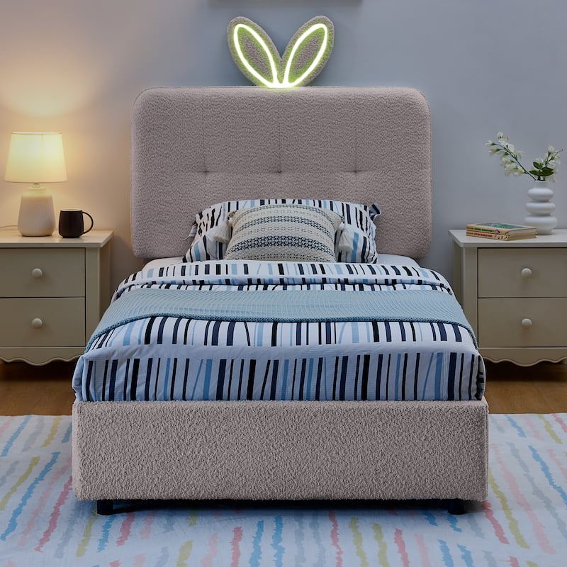 Kids Boucle Upholstered Bed with Rabbit Ear Headboard, LED Music Sync & 4 Drawers