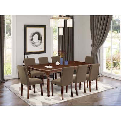Rectangle Dining Table Set 9pc - 60x78 Inch Table w/ Leaf & 8 Parsons Chairs - Linen Fabric & Mahogany Legs
