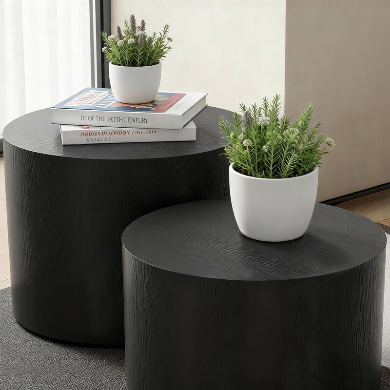Nesting Coffee Table Set of 2, Modern Round Wooden Side Tables with Non-Slip Feet, Space-Saving Living Room Accent Tables