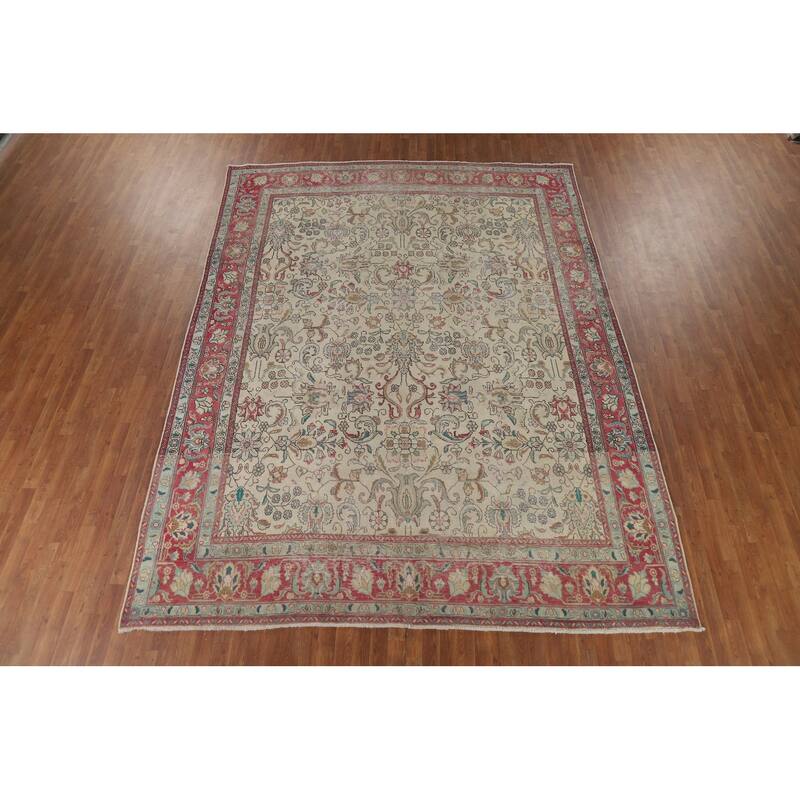 All-Over Distressed Tabriz Vintage Persian Rug Handmade Wool Carpet - 9'5" x 12'5"