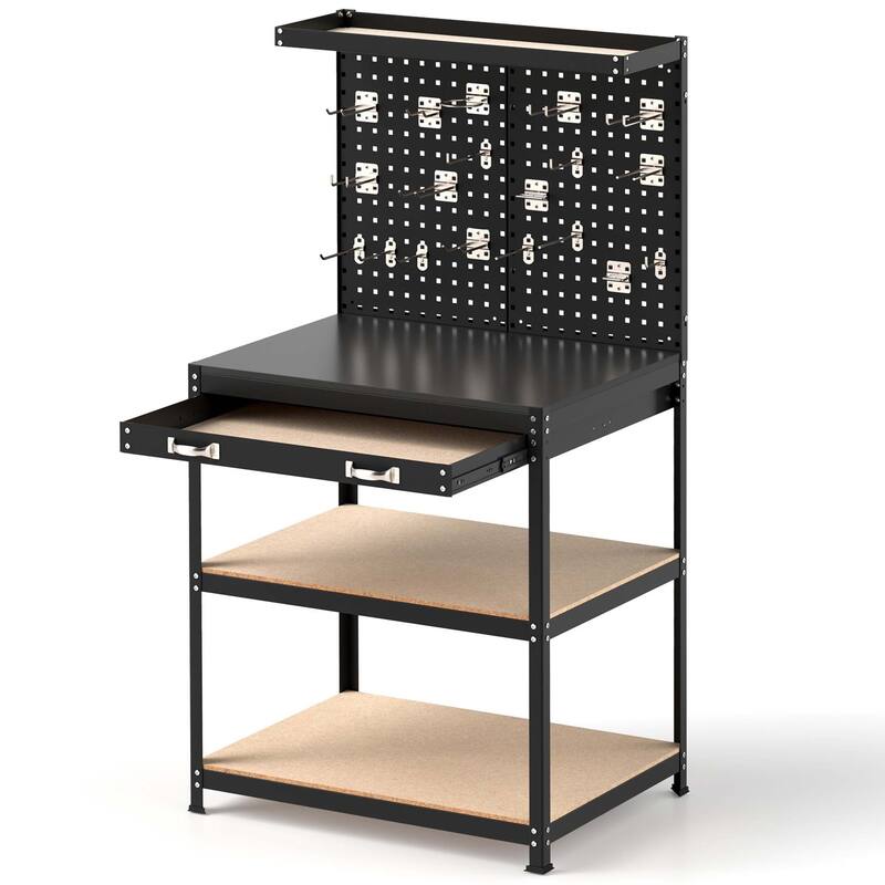 Gymax 32'' x 16'' Workbench w/ Pegboard 20PCS Tool Hooks Drawer & Open