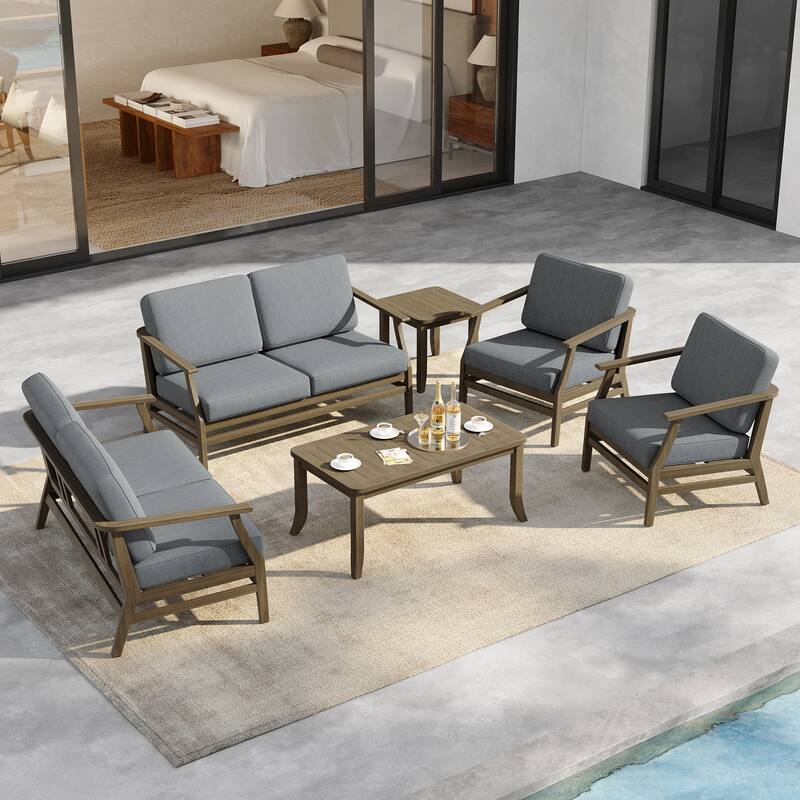 6-Seat Outdoor Teak Wood Patio Conversation Set with Cushions Tables