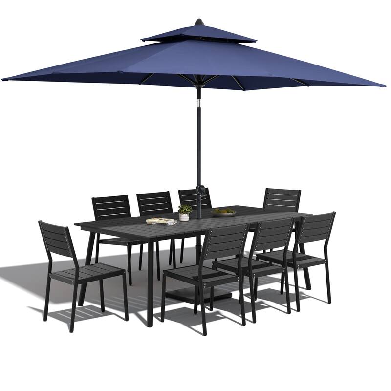 11-Piece Patio Dining Set Aluminum Table and 8 Stackable Chairs w/10 ft Umbrella and Base Stand