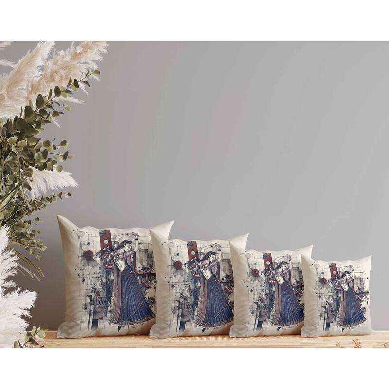 Gracefully Dancing Woman Indoor/Outdoor Reversible Throw Pillow Beige and Blue