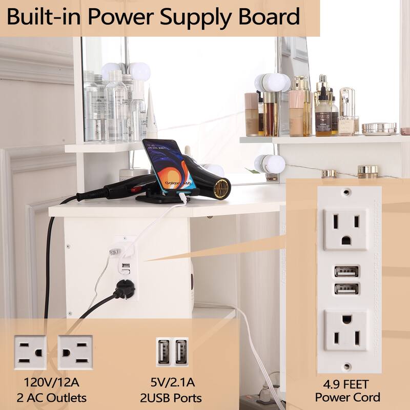 Corner Makeup Vanity Desk with Lights & Power Outlet