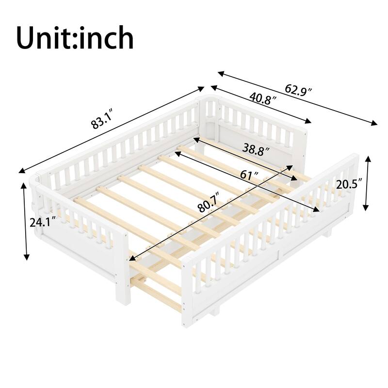 Roomfitters Convertible Floor Bed, Expandable Solid Wood Platform Frame
