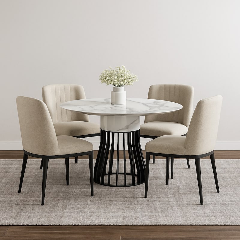 Jett 47 Inch Dining Table, White Round Marble Top, Metal Cage Frame Base