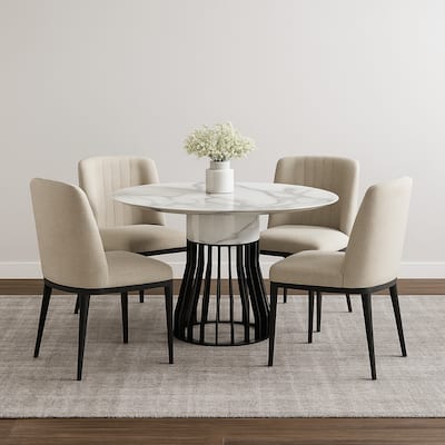 Jett 47 Inch Dining Table, White Round Marble Top, Metal Cage Frame Base