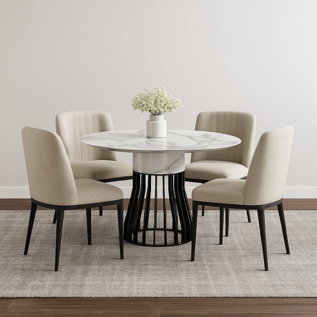 Jett 47 Inch Dining Table, White Round Marble Top, Metal Cage Frame Base