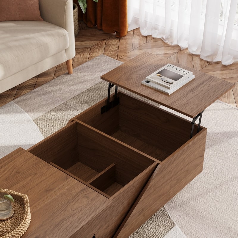 47" Modern Mid-Century Lift Top Trunk Coffee Table with Divided Storage, Dual-Zone Design for Living Room