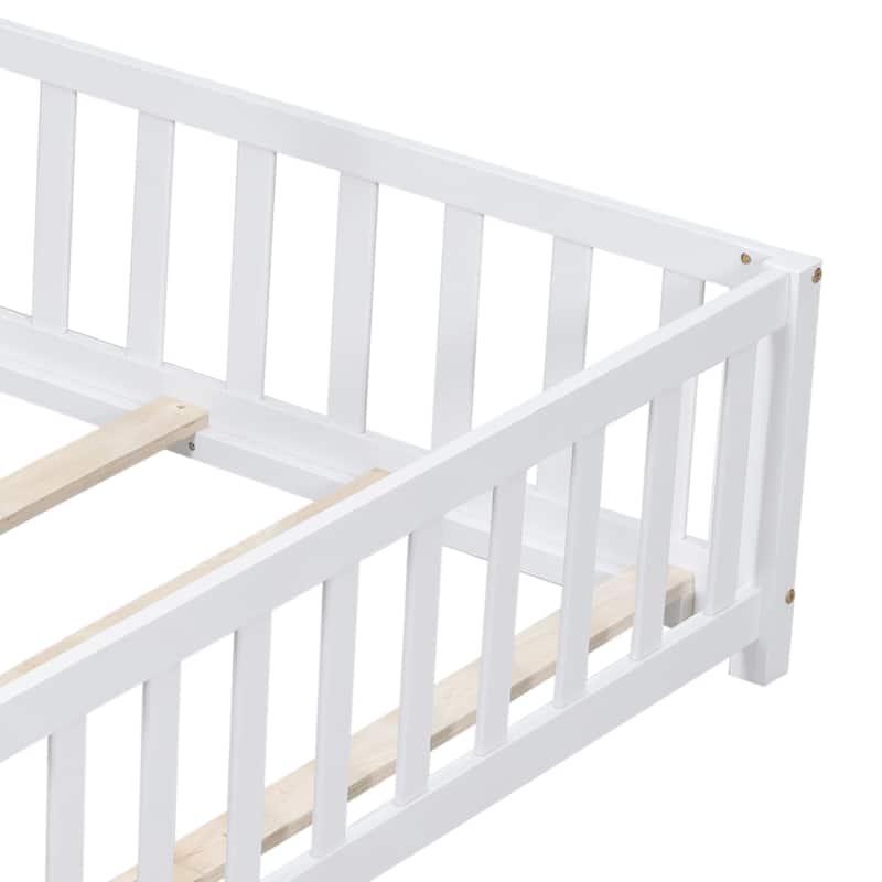 Floor Platform Bed with Fence and Door for kids Toddlers, Full Size