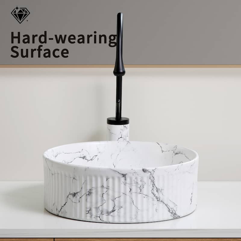 GDFStudio - Luxury Ceramic Vessel Sink with Marble Pattern Surface, Included Faucet and Drain - 15"