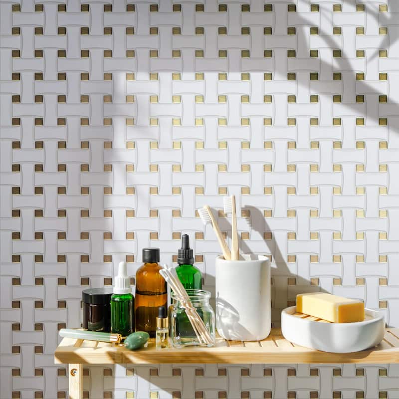Merola Tile Metro Dog Bone Basketweave Matte White with Glass Gold Dot 10" x 10" Porcelain Mosaic Wall Tile