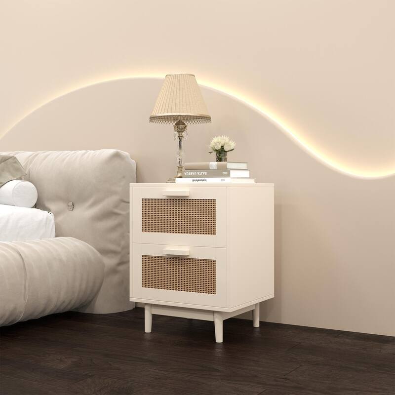 Rattan Nightstand End Table Sofa Side Table with 2 Drawers, Accent Table Bedside Table Storage Cabinet - Antique Natural Rattan