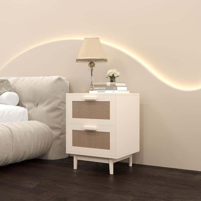 Rattan Nightstand with 2 Drawers, Wood End Table for Bedroom or Living Room, Sturdy and Versatile Storage Solution