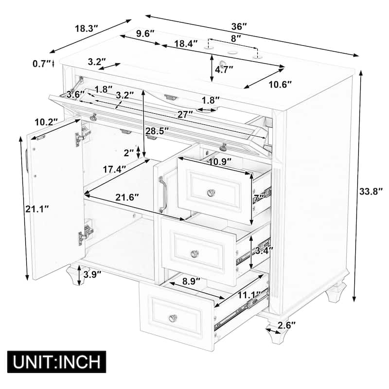 36-Inch Solid Wood Bathroom Vanity with Ceramic Sink, Flip Drawer, 3 Drawers and 2 Doors, Freestanding MDF Cabinet