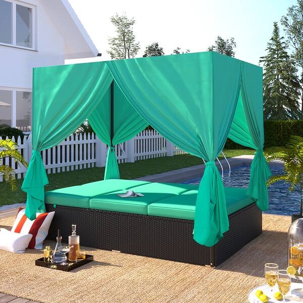 slide 21 of 27, Outdoor Adjustable Patio Wicker Sunbed Daybed with Cushions and Canopy Black+Blue