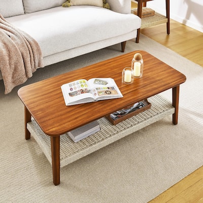 47.25" Mid-Century Coffee Table with Woven Shelf