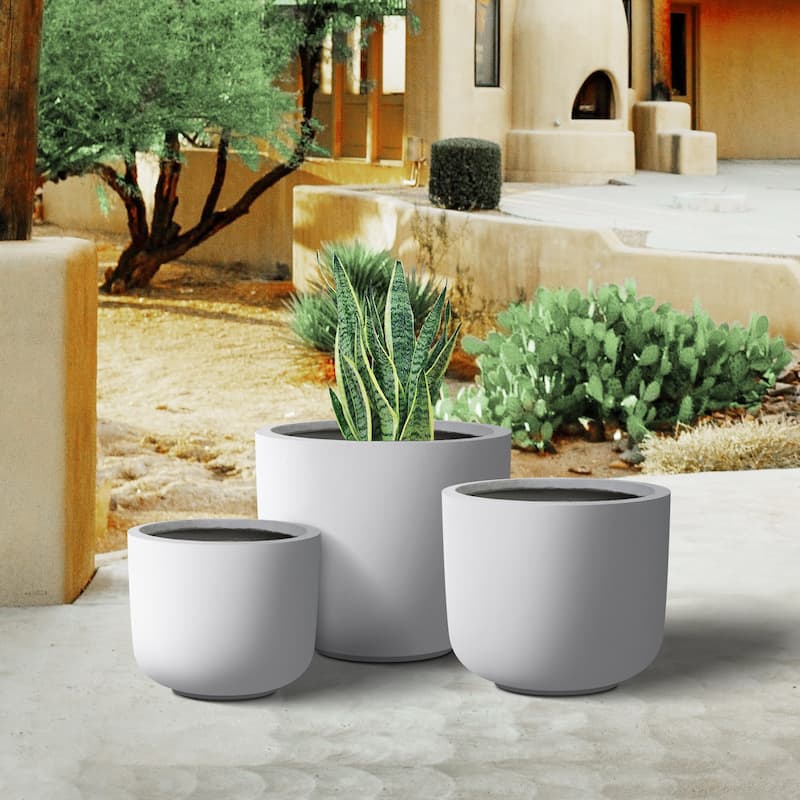 Plantara 13", 11", & 9" D Round Solid Whiteplanter (Set of 3), Concrete Flower pot for Outdoor