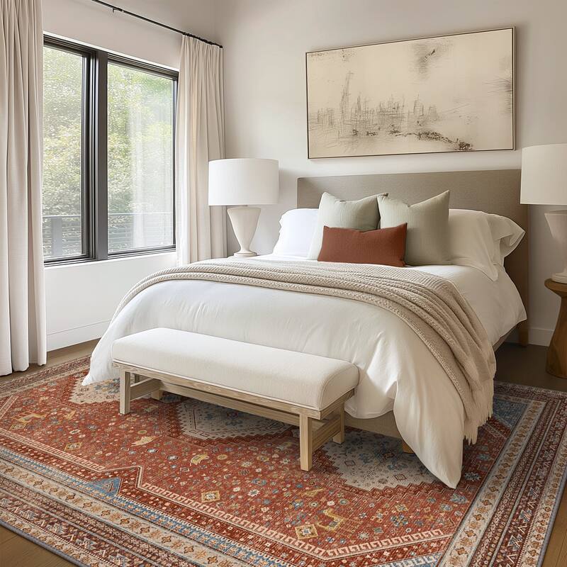 Mcow Faded Floral Vintage Low-Pile Machine Washable Non-Slip Area Rug