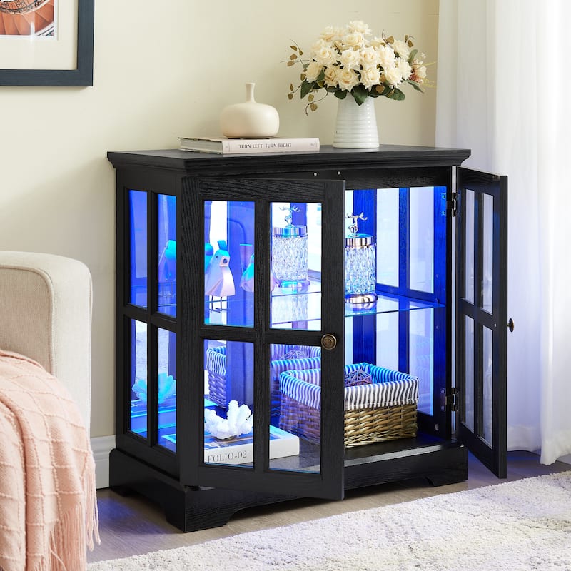 LED Curio Display Cabinet,Antique Display Cabinet with Shelves,Showcase with Lattice Doors Elegant Bookcase and Storage Cabinet