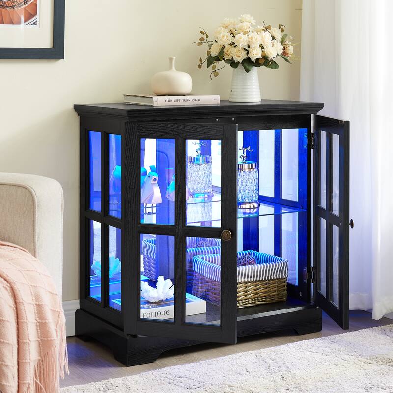 Modern Black Glass Cabinet with Acrylic Back and Two Doors Adjustable Shelving for Home Decor - 30.32”L x 15.75”W x 32.09”H