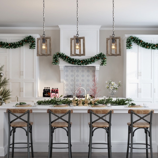 Modern Farmhouse Mini 1-light Kitchen Islands Distressed Wood Chandelier Adjustable Ceiling Lighting - D8" x H10.5". Opens flyout.