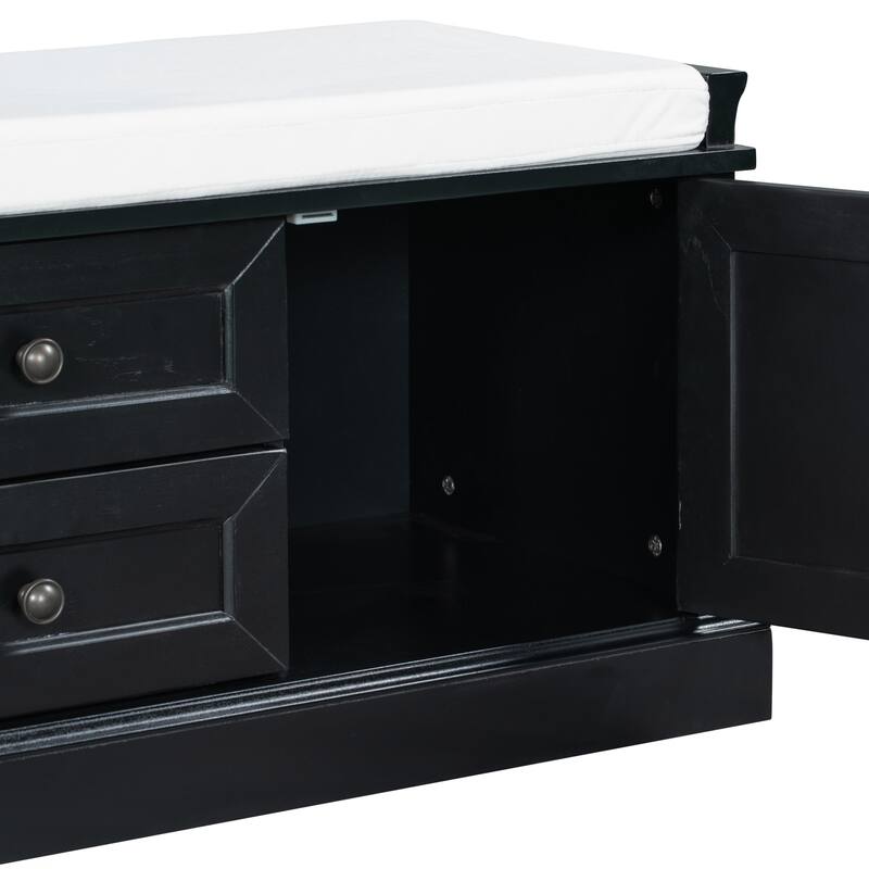 Storage Bench with 2 Drawers and 2 Cabinets, Shoe Bench with Removable Cushion
