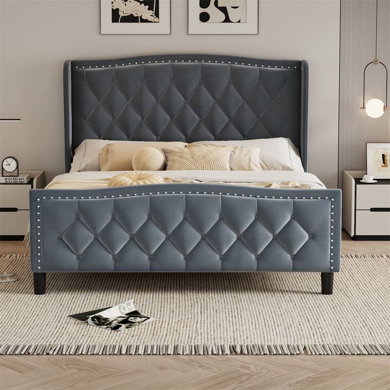 Queen Size Velvet Upholstered Platform Bed with Wingback Headboard