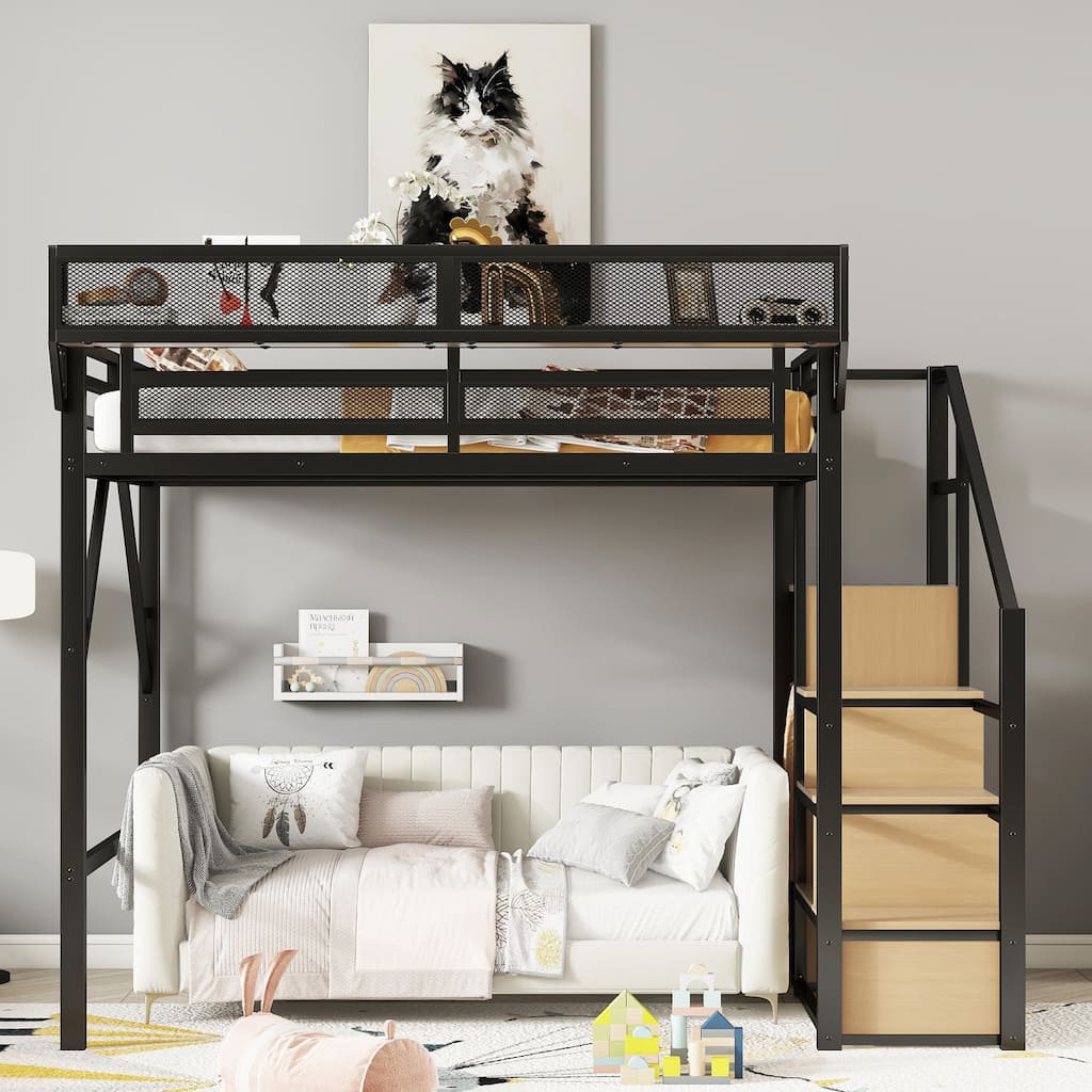 Metal Loft Bed with Storage Stairs Upper Storage Shelves and Wardrobe, Metal Structure Bed Optional Desk Charging Station