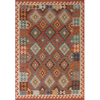 Orange Kilim Area Rug Hand-Woven Oriental Wool Carpet - 5'8