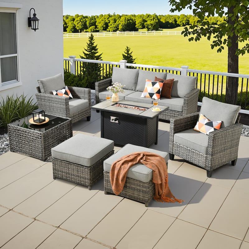 XIZZI 7-Piece Outdoor Patio Wicker Furniture Set with Fire Table - Dark Grey