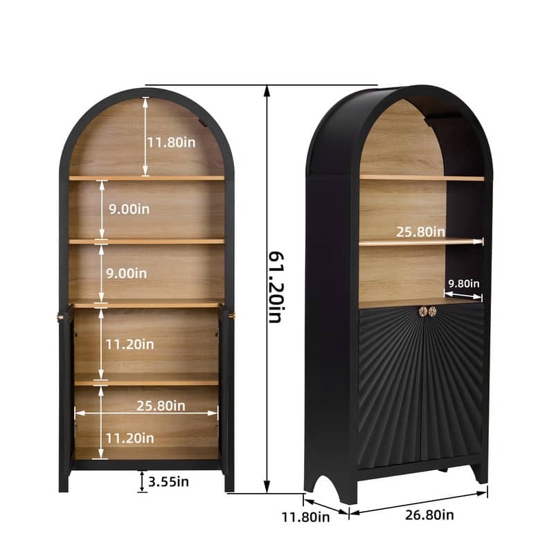61" Mid-Century Modern Arched Bookcase With Storage Doors - 5-Tier Black Display Cabinet