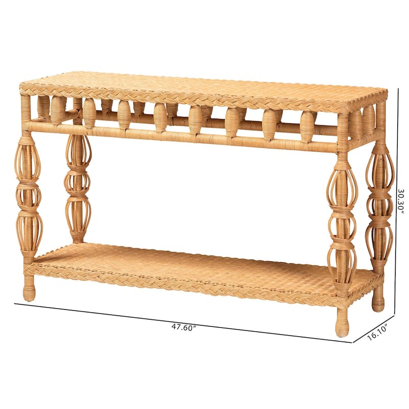 Dolby Natural Rattan Console Table - Handwoven Wicker Accent Table with Openwork Design and Lower Shelf, Coastal Boho Style