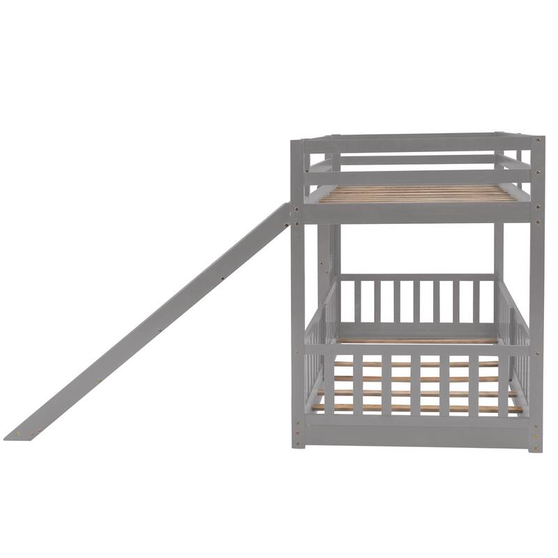 Twin Over Twin Bunk Bed with Slide and Convertible Ladder, Space-Saving Design