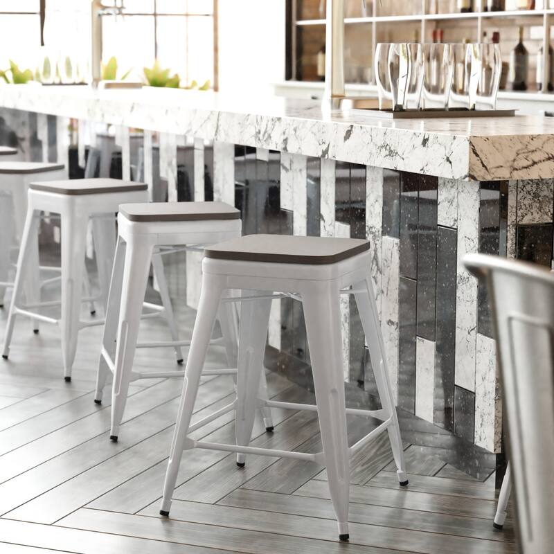 Indoor/Outdoor Backless Counter Stool with Poly Resin Seat - White/Grey