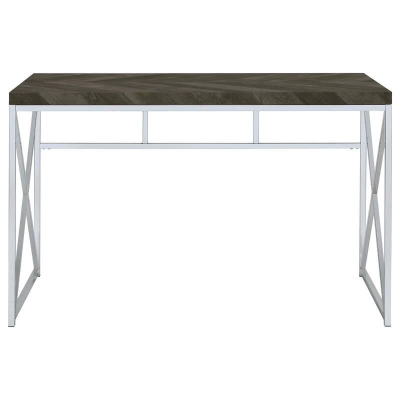 Modern Writing Desk with Chrome X-Shaped Metal Base and Rustic Grey Herringbone Finish for Office or Living Room